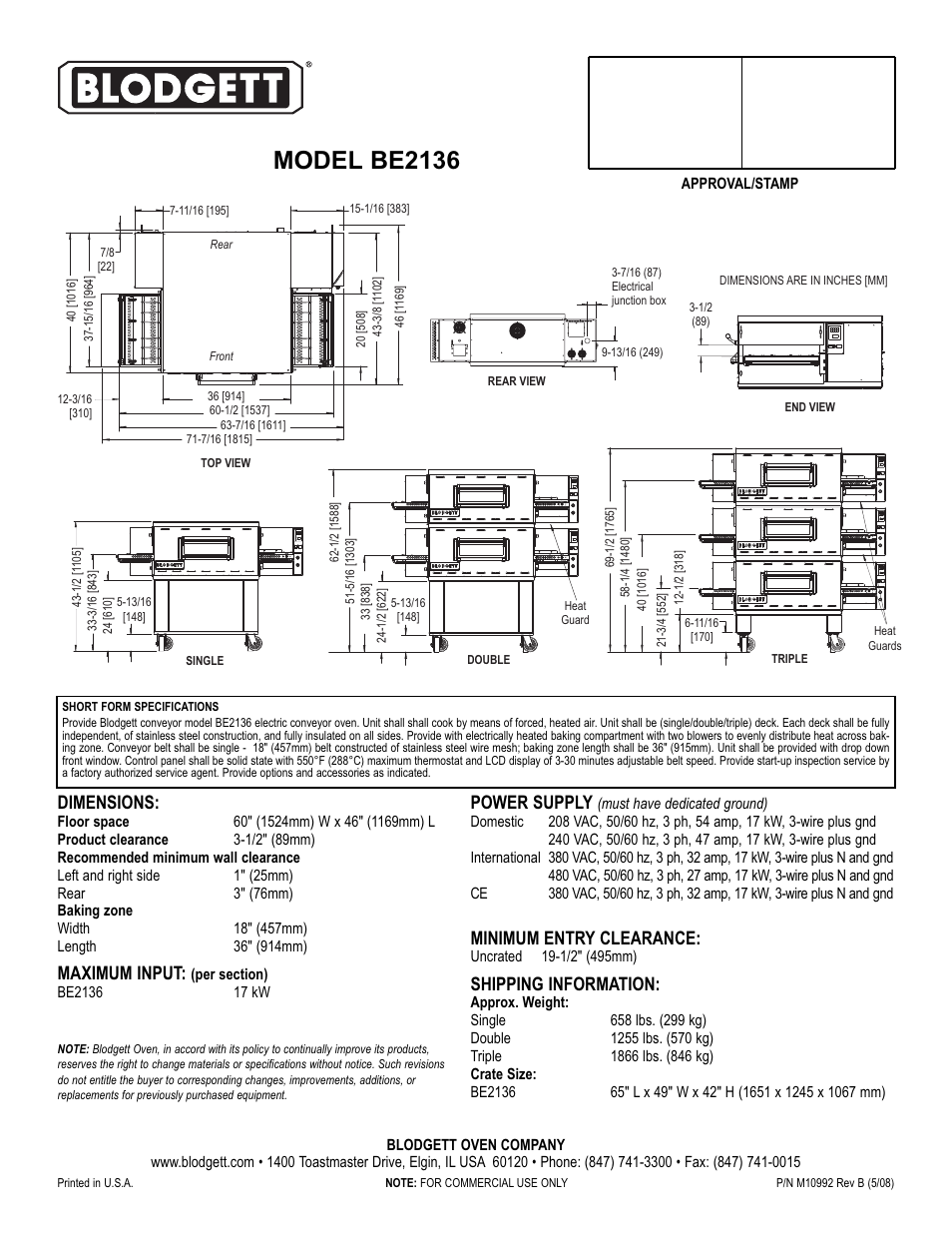 Model be2136, Power supply, Minimum entry clearance | Shipping information, Dimensions, Maximum input | Blodgett BE2136 User Manual | Page 2 / 2