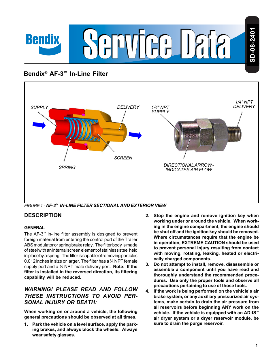 Bendix Commercial Vehicle Systems AF-3 INLINE FILTER 5/04 User Manual | 2 pages