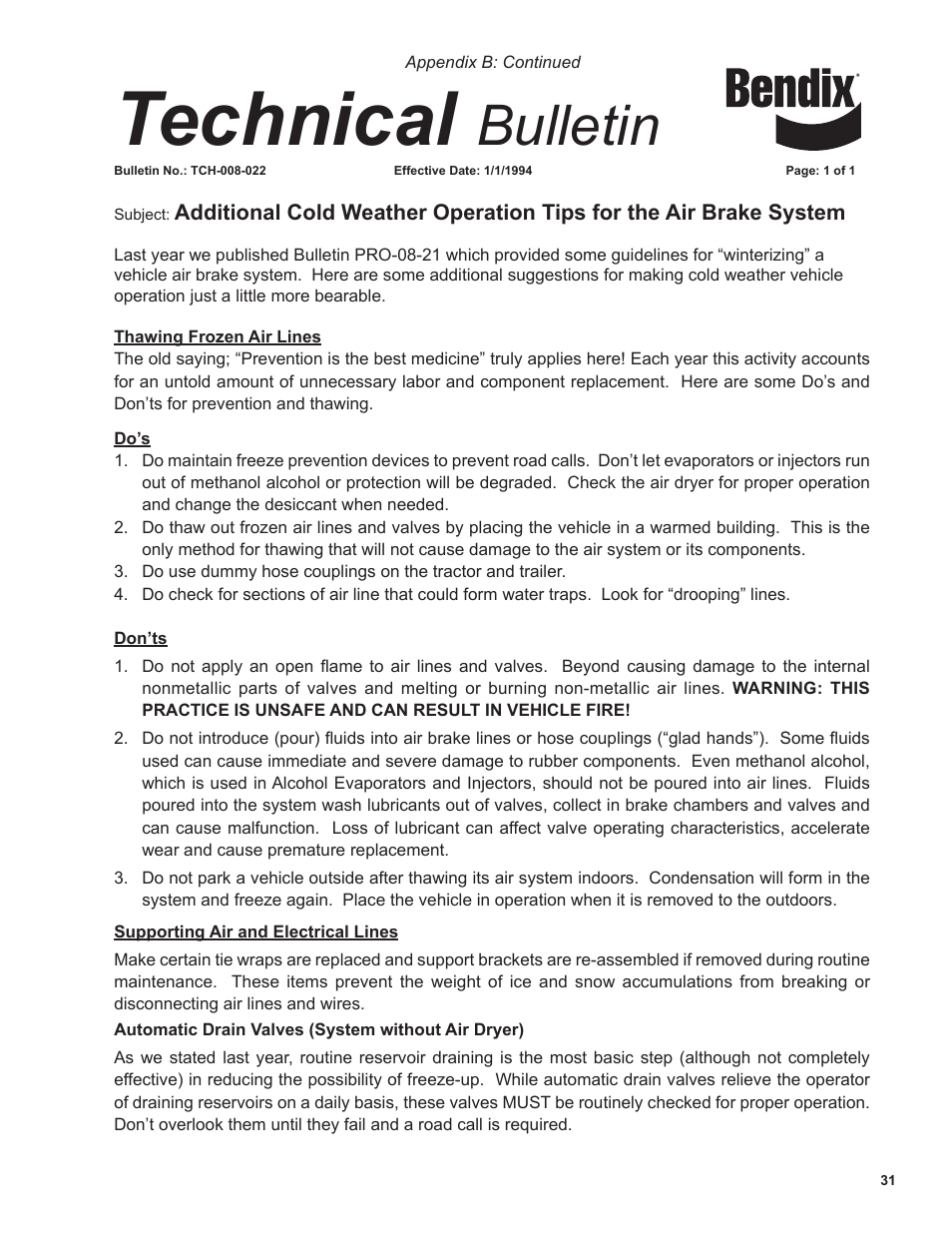 Technical, Bulletin | Bendix Commercial Vehicle Systems BA-922 COMPRESSOR User Manual | Page 31 / 32
