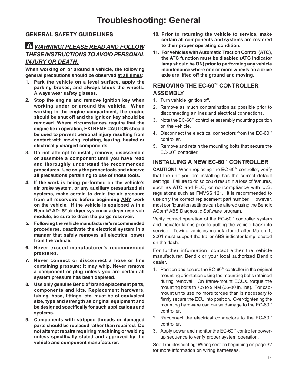 Troubleshooting: general | Bendix Commercial Vehicle Systems EC-60 ATC STD/PREM CONTROLLERS User Manual | Page 11 / 44