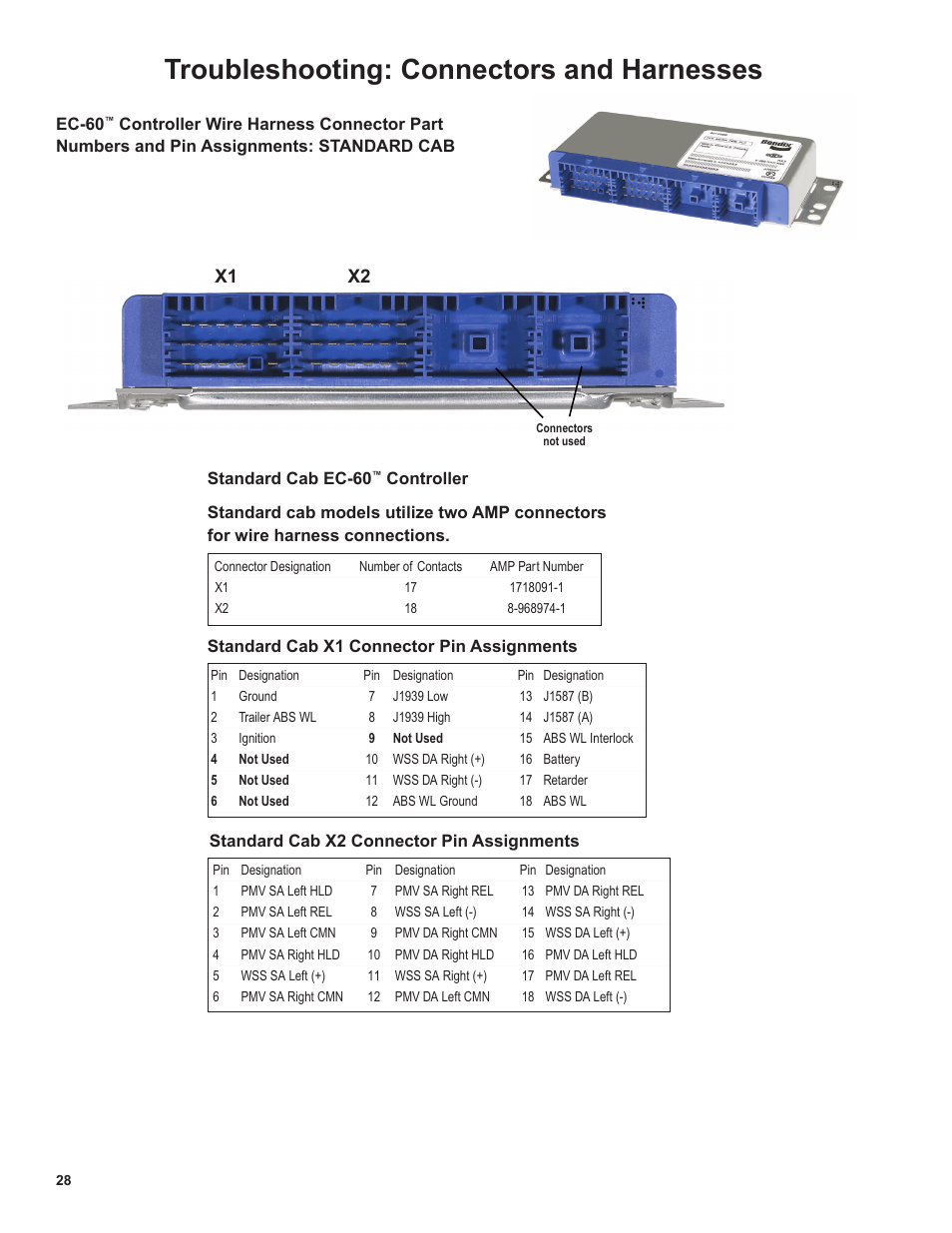 Troubleshooting: connectors and harnesses, X1 x2 | Bendix Commercial Vehicle Systems EC-60 ATC STD/PREM CONTROLLERS User Manual | Page 28 / 44