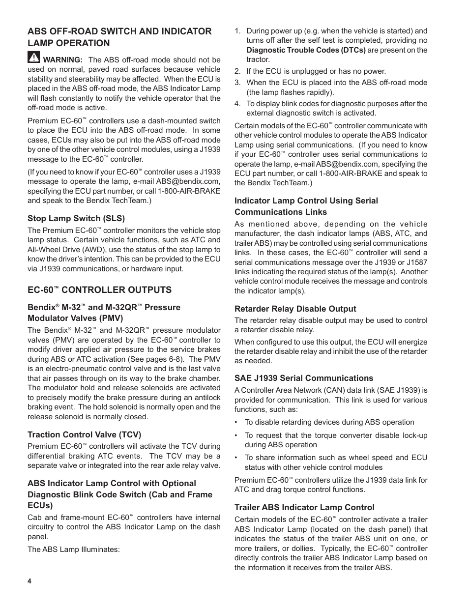 Abs off-road switch and indicator lamp operation, Ec-60, Controller outputs | Bendix Commercial Vehicle Systems EC-60 ATC STD/PREM CONTROLLERS User Manual | Page 4 / 44