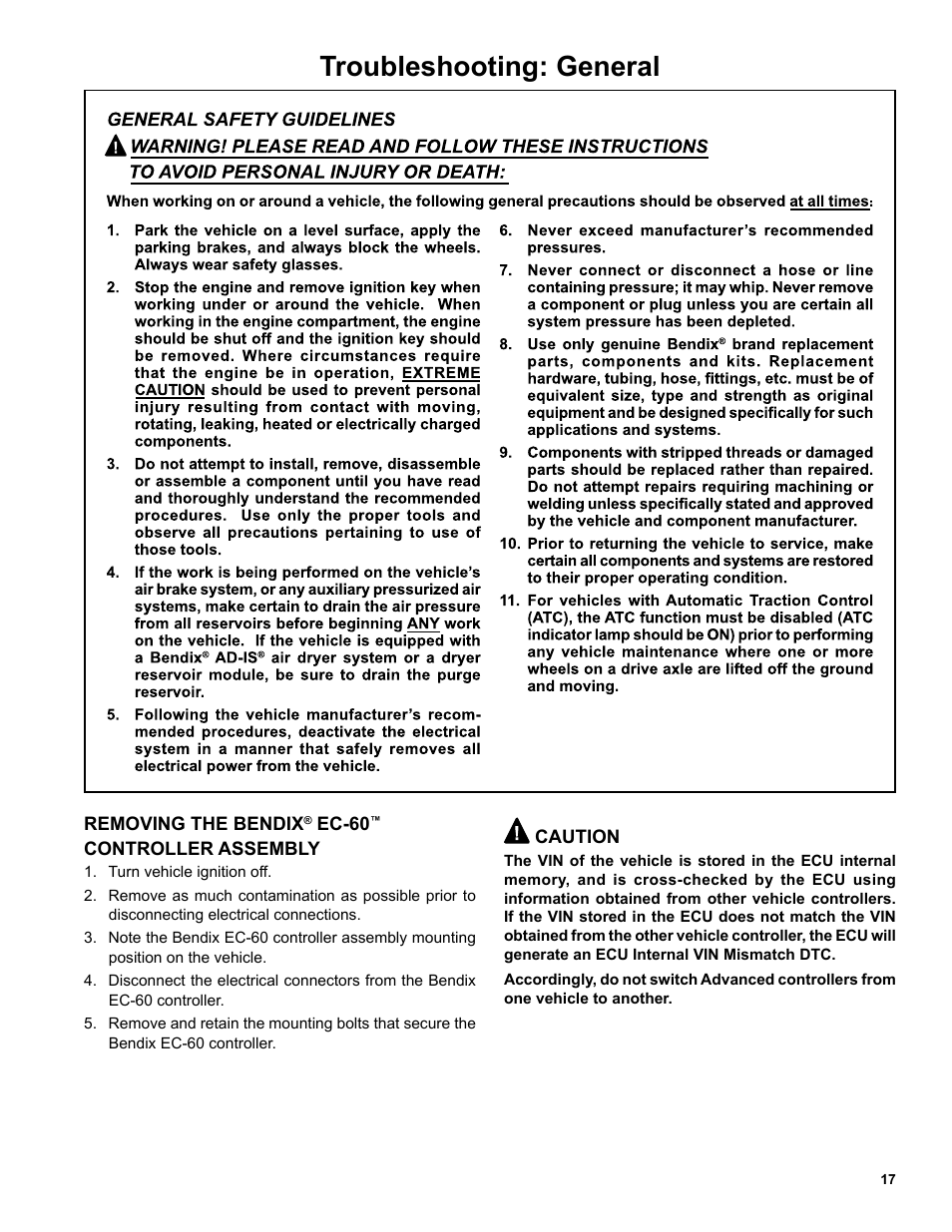Troubleshooting: general | Bendix Commercial Vehicle Systems EC-60 ESP CONTROLLERS ADV User Manual | Page 17 / 60
