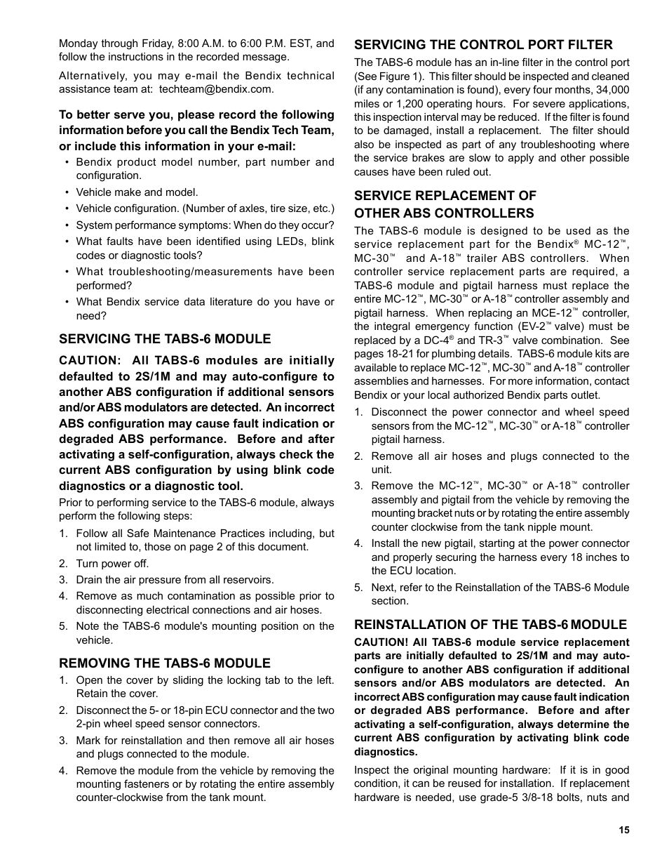 Servicing the tabs-6 module, Removing the tabs-6 module, Servicing the control port filter | Service replacement of other abs controllers, Reinstallation of the tabs-6, Module | Bendix Commercial Vehicle Systems TABS-6 TRAILER ABS MODULE User Manual | Page 15 / 32