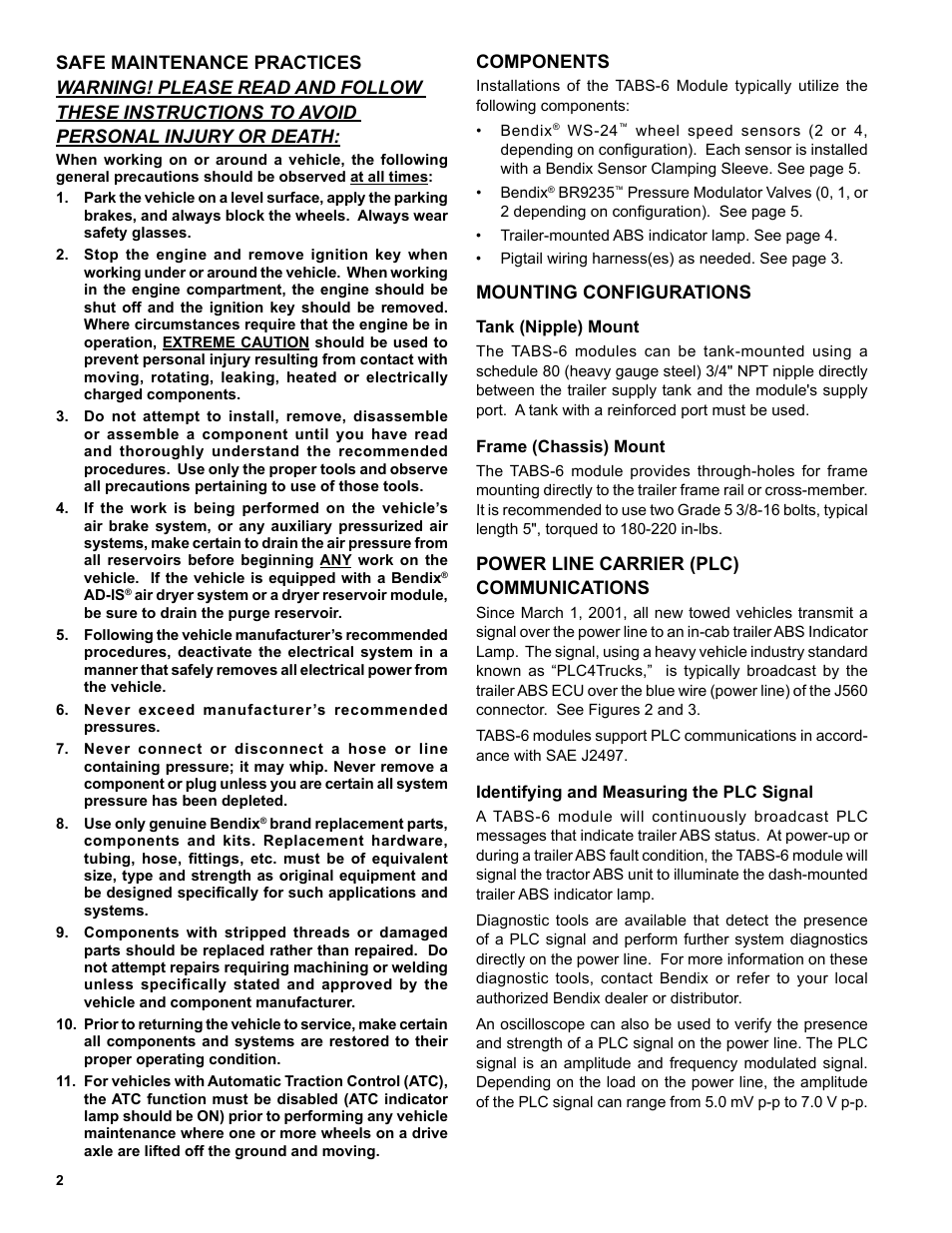 Components, Mounting configurations, Power line carrier (plc) communications | Bendix Commercial Vehicle Systems TABS-6 TRAILER ABS MODULE User Manual | Page 2 / 32