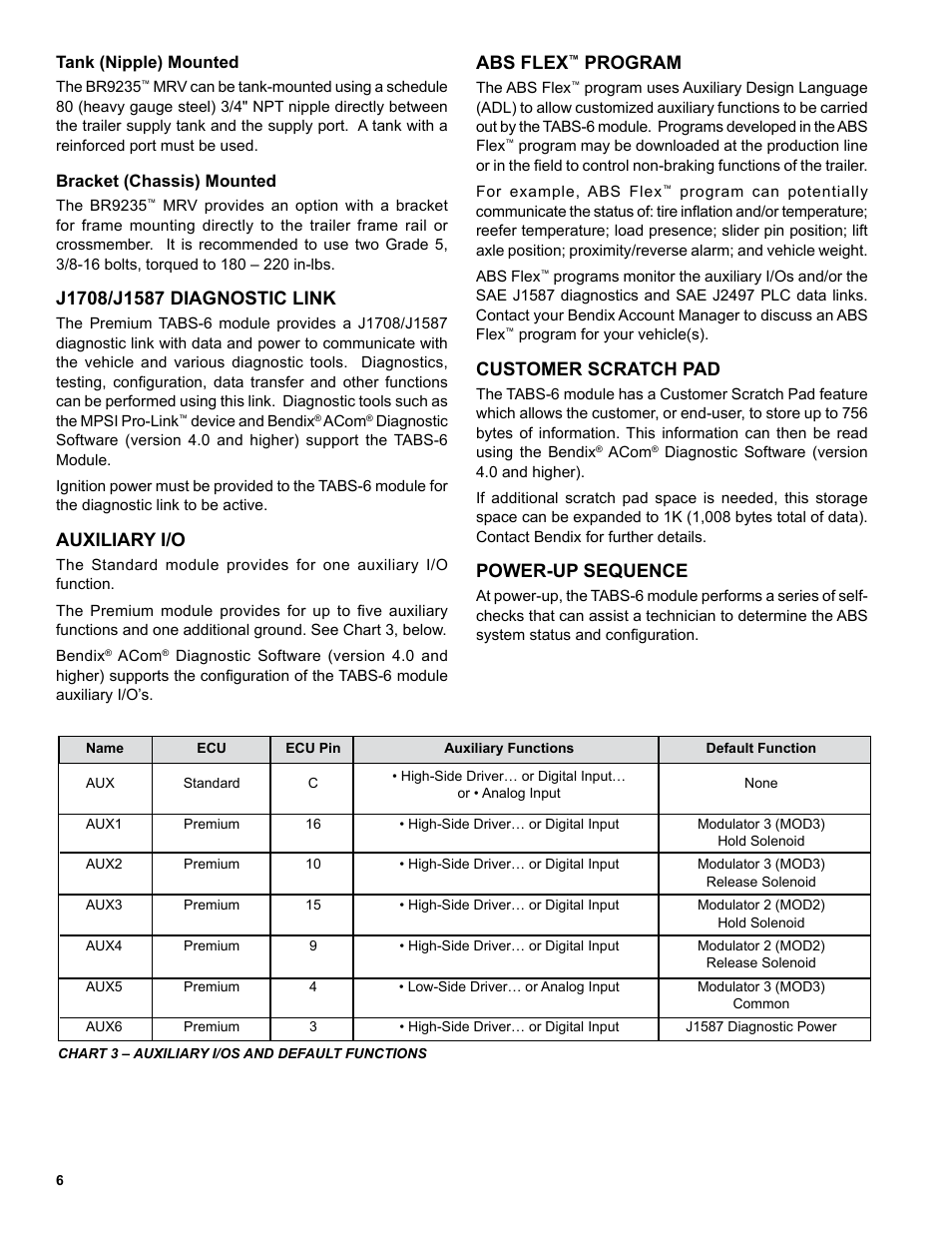 Auxiliary i/o, Abs flex, Program | Customer scratch pad, Power-up sequence | Bendix Commercial Vehicle Systems TABS-6 TRAILER ABS MODULE User Manual | Page 6 / 32