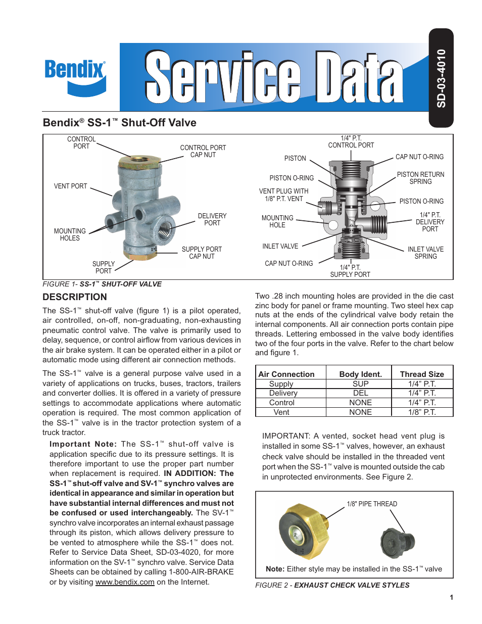Bendix Commercial Vehicle Systems SS-1 SHUT OFF VALVE User Manual | 4 pages