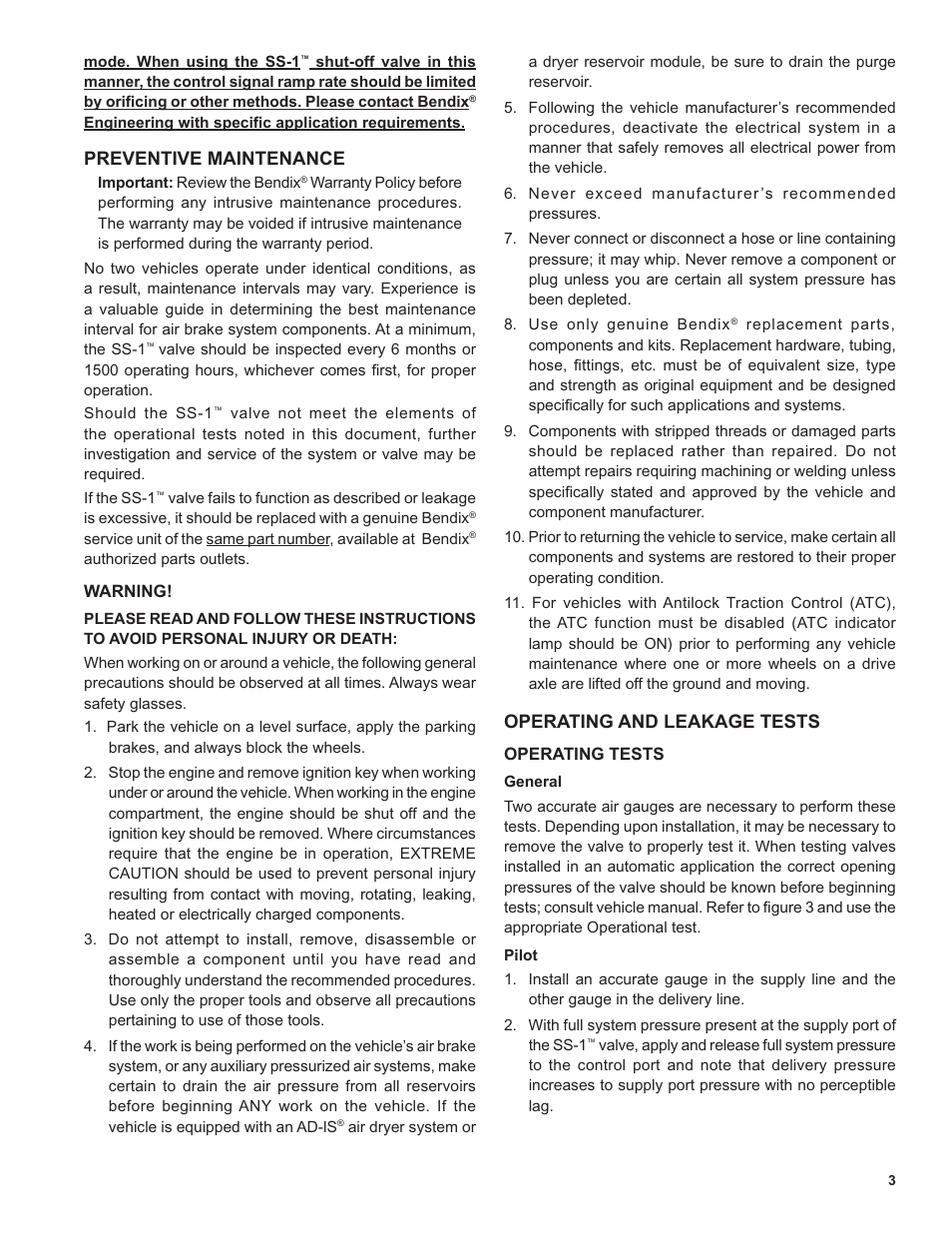 Preventive maintenance, Operating and leakage tests | Bendix Commercial Vehicle Systems SS-1 SHUT OFF VALVE User Manual | Page 3 / 4