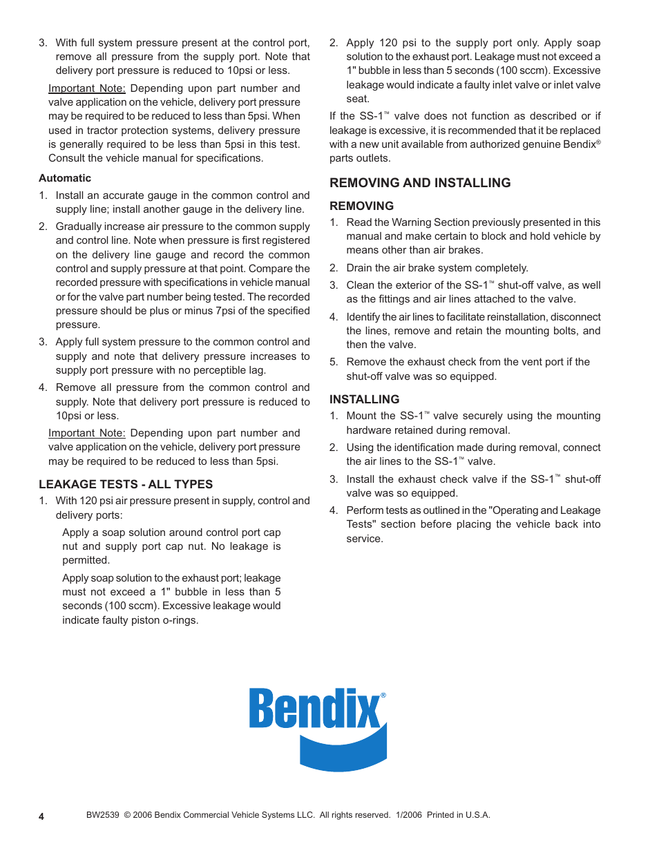Removing and installing | Bendix Commercial Vehicle Systems SS-1 SHUT OFF VALVE User Manual | Page 4 / 4