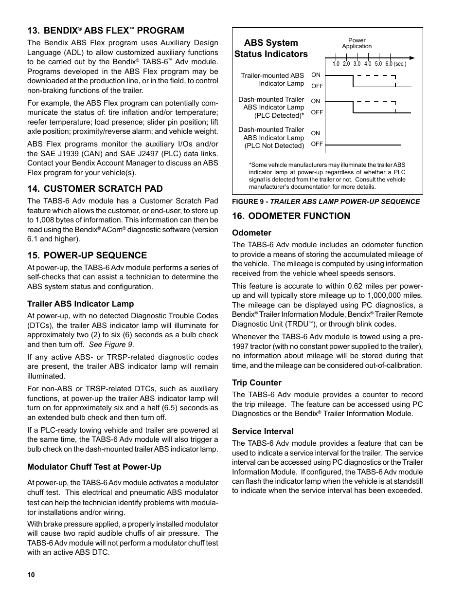 Bendix, Abs flex, Program | Customer scratch pad, Power‑up sequence, Abs system status indicators, Odometer function | Bendix Commercial Vehicle Systems TABS-6 ADVANCED SINGLE CHANNEL User Manual | Page 10 / 36