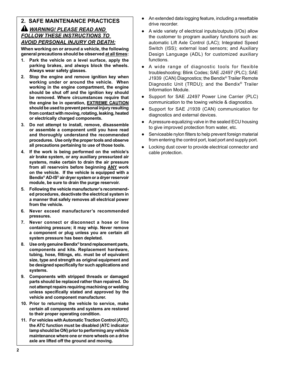 Safe maintenance practices | Bendix Commercial Vehicle Systems TABS-6 ADVANCED SINGLE CHANNEL User Manual | Page 2 / 36