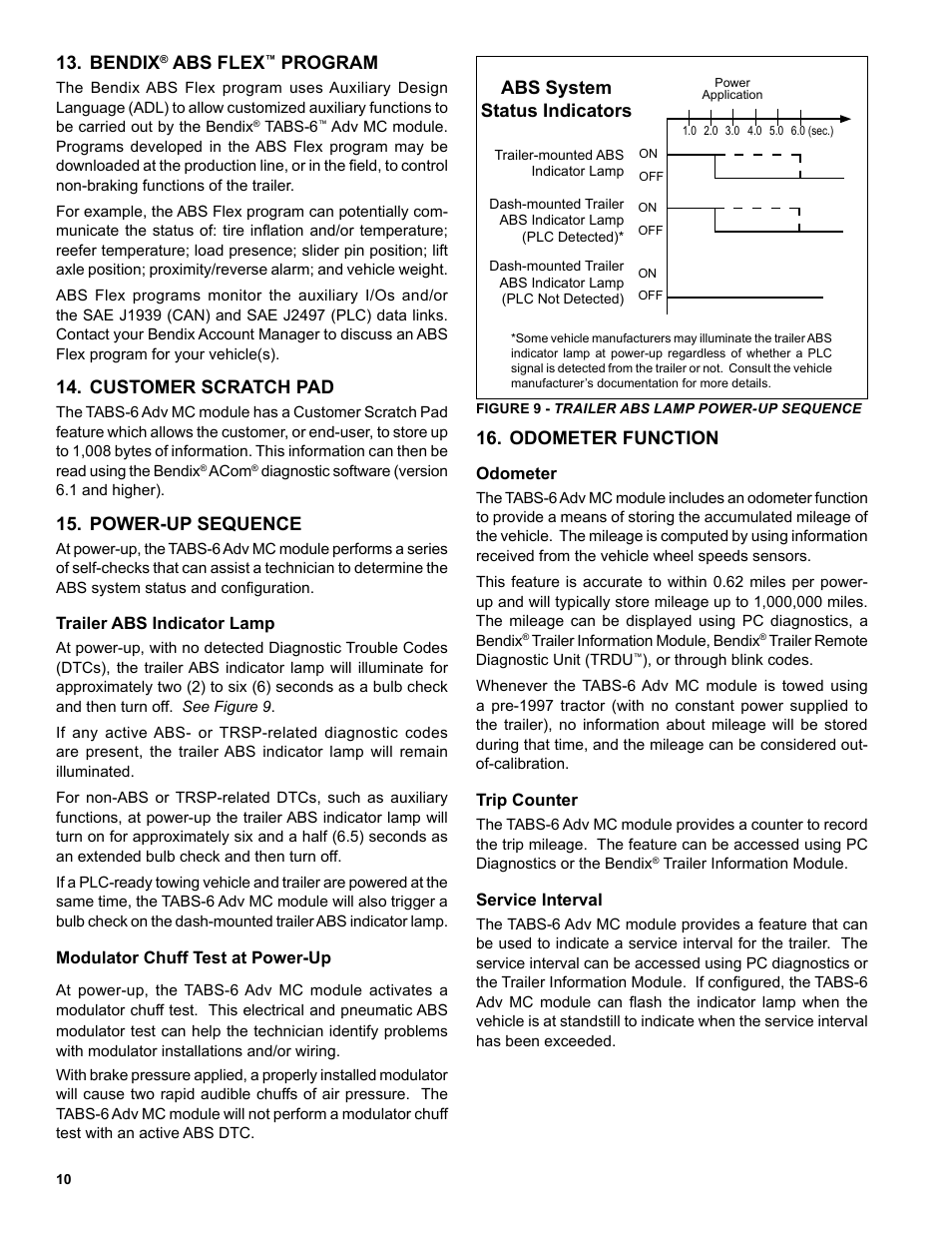 Bendix, Abs flex, Program | Customer scratch pad, Power‑up sequence, Abs system status indicators, Odometer function | Bendix Commercial Vehicle Systems TABS-6 ADVANCED MC SD SHEET User Manual | Page 10 / 40
