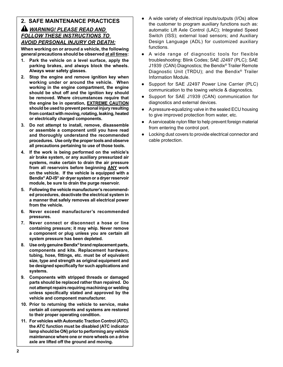 Safe maintenance practices | Bendix Commercial Vehicle Systems TABS-6 ADVANCED MC SD SHEET User Manual | Page 2 / 40