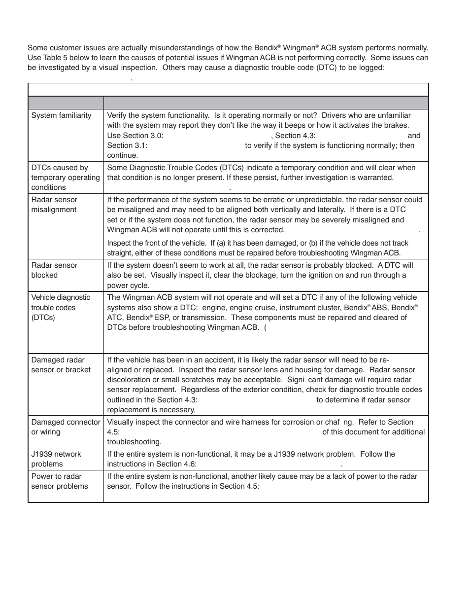 3 overview of possible issues | Bendix Commercial Vehicle Systems WINGMAN ACB ACTIVE CRUISE W/BRAKING User Manual | Page 16 / 52