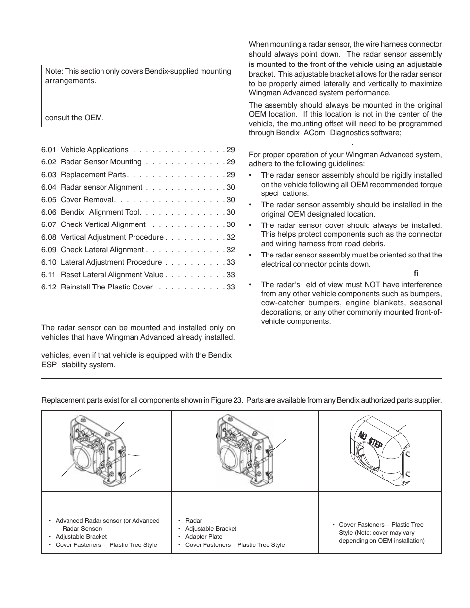 0 bendix, Wingman, Advanced | 01 vehicle applications, 02 radar sensor mounting, 03 replacement parts | Bendix Commercial Vehicle Systems WINGMAN ADVANCED SD User Manual | Page 29 / 52