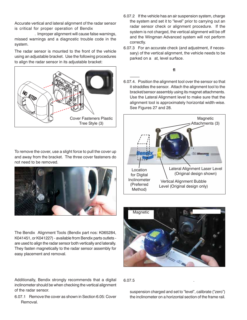 04 radar sensor alignment, 05 cover removal, 06 bendix | Alignment tools, 07 check the radar sensor vertical alignment | Bendix Commercial Vehicle Systems WINGMAN ADVANCED SD User Manual | Page 30 / 52