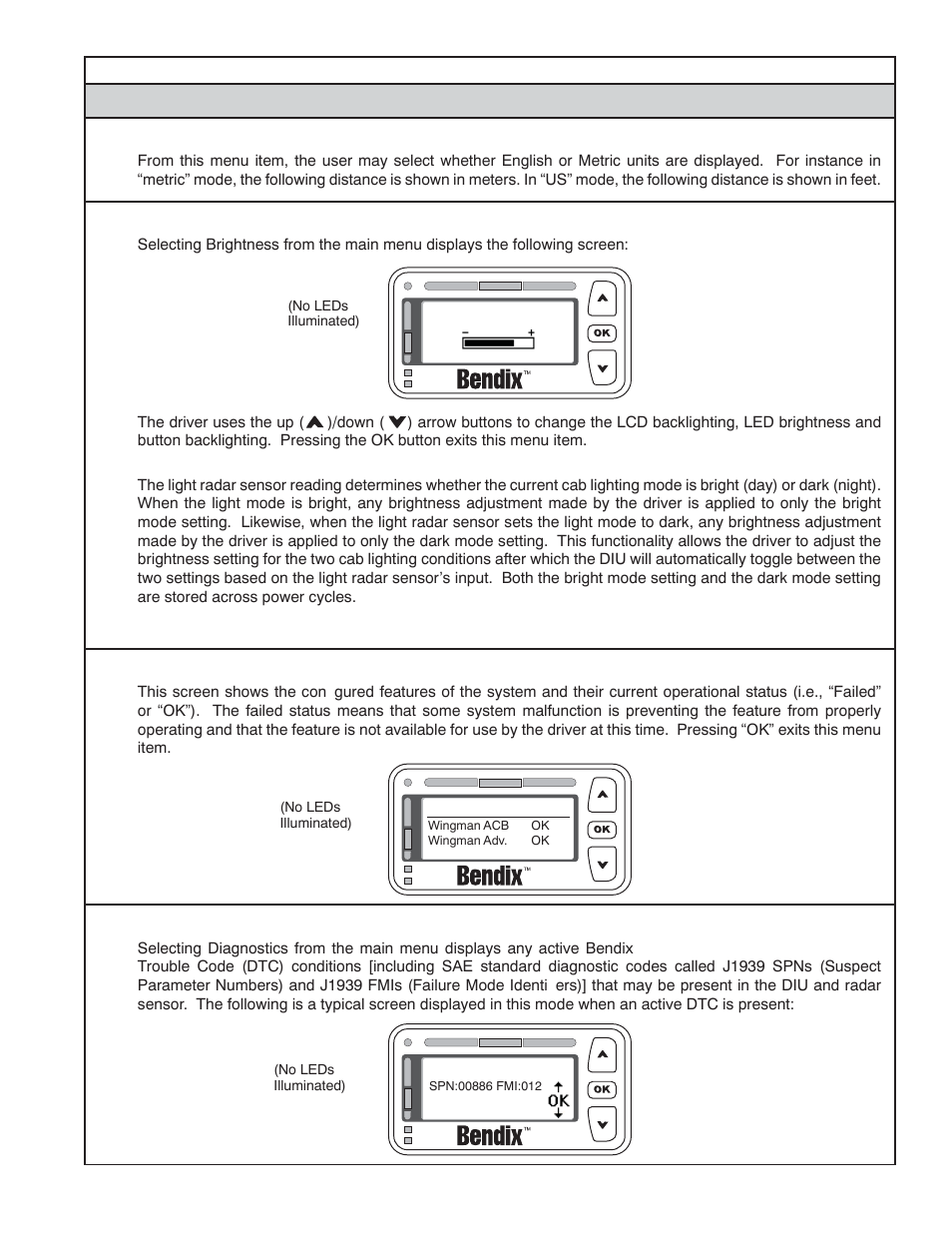 B1.6 us/metric, B1.7 brightness, B1.8 system status | B1.9 diagnostics | Bendix Commercial Vehicle Systems WINGMAN ADVANCED SD User Manual | Page 39 / 52