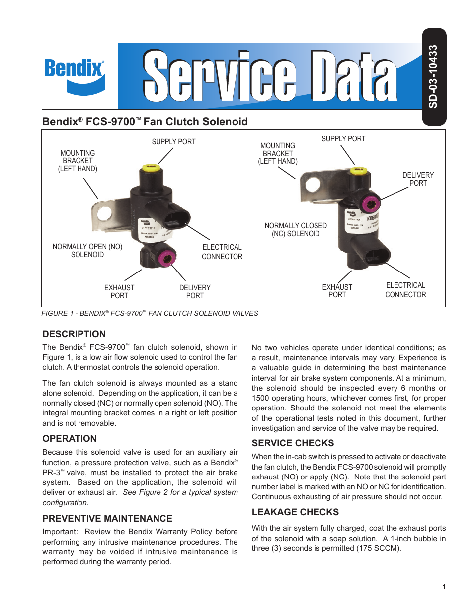 Bendix Commercial Vehicle Systems FCS-9700 FAN CLUTCH SOLENOID User Manual | 2 pages