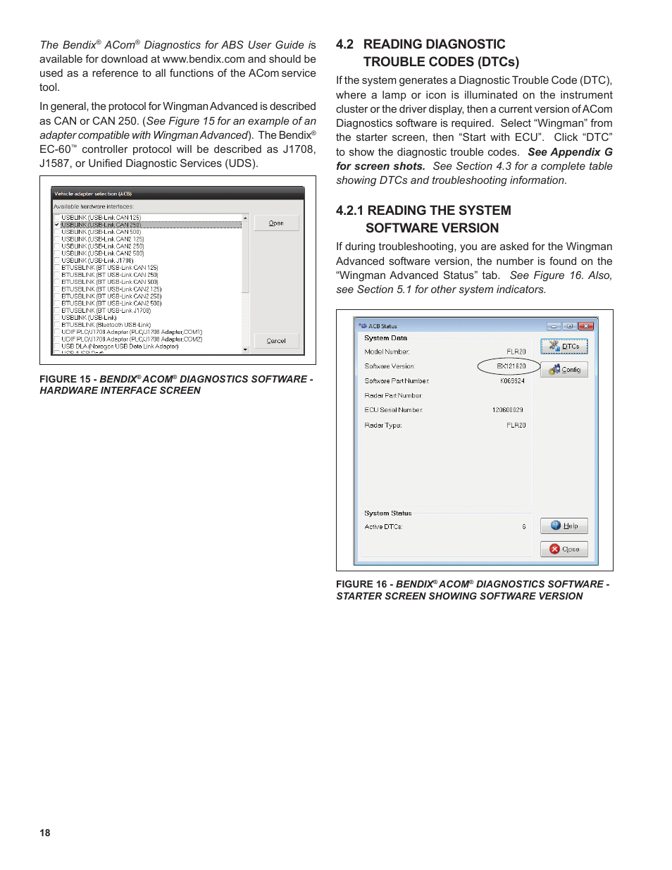 2 reading diagnostic trouble codes (dtcs), 1 reading the system software version | Bendix Commercial Vehicle Systems WINGMAN ADVANCED FLR20 SENSOR User Manual | Page 18 / 64