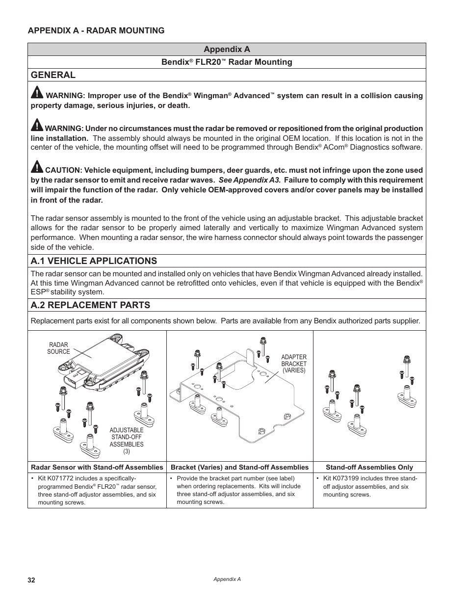 General, A.1 vehicle applications, A.2 replacement parts | Appendix a - radar mounting, Appendix a bendix, Flr20, Radar mounting | Bendix Commercial Vehicle Systems WINGMAN ADVANCED FLR20 SENSOR User Manual | Page 32 / 64