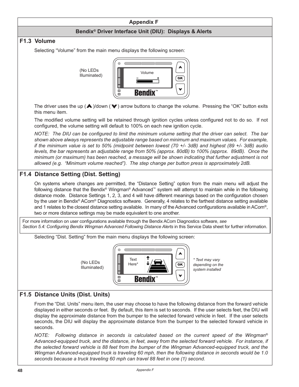 F1.3 volume, F1.4 distance setting (dist. setting), F1.5 distance units (dist. units) | Bendix Commercial Vehicle Systems WINGMAN ADVANCED FLR20 SENSOR User Manual | Page 48 / 64