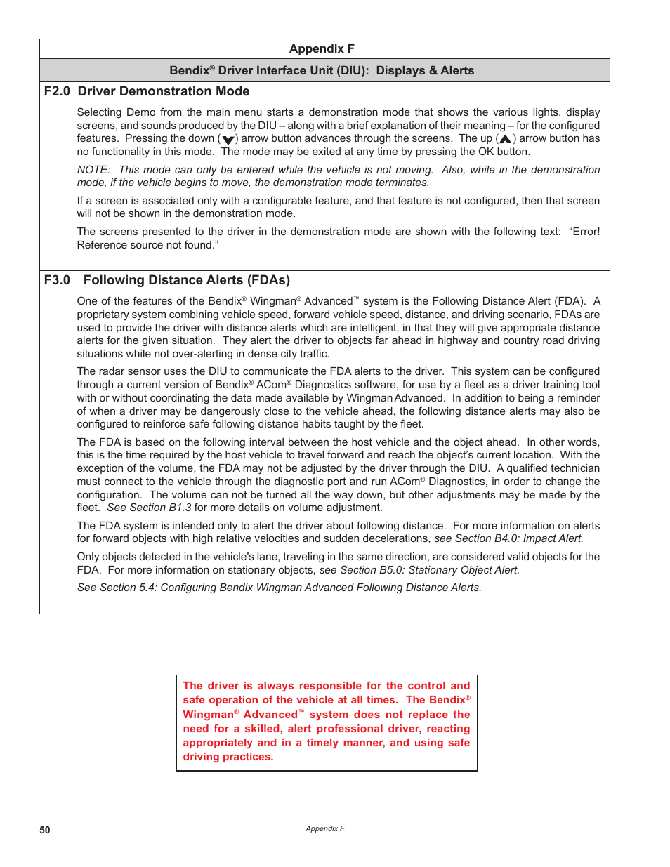 F2.0 driver demonstration mode, F3.0 following distance alerts (fdas) | Bendix Commercial Vehicle Systems WINGMAN ADVANCED FLR20 SENSOR User Manual | Page 50 / 64