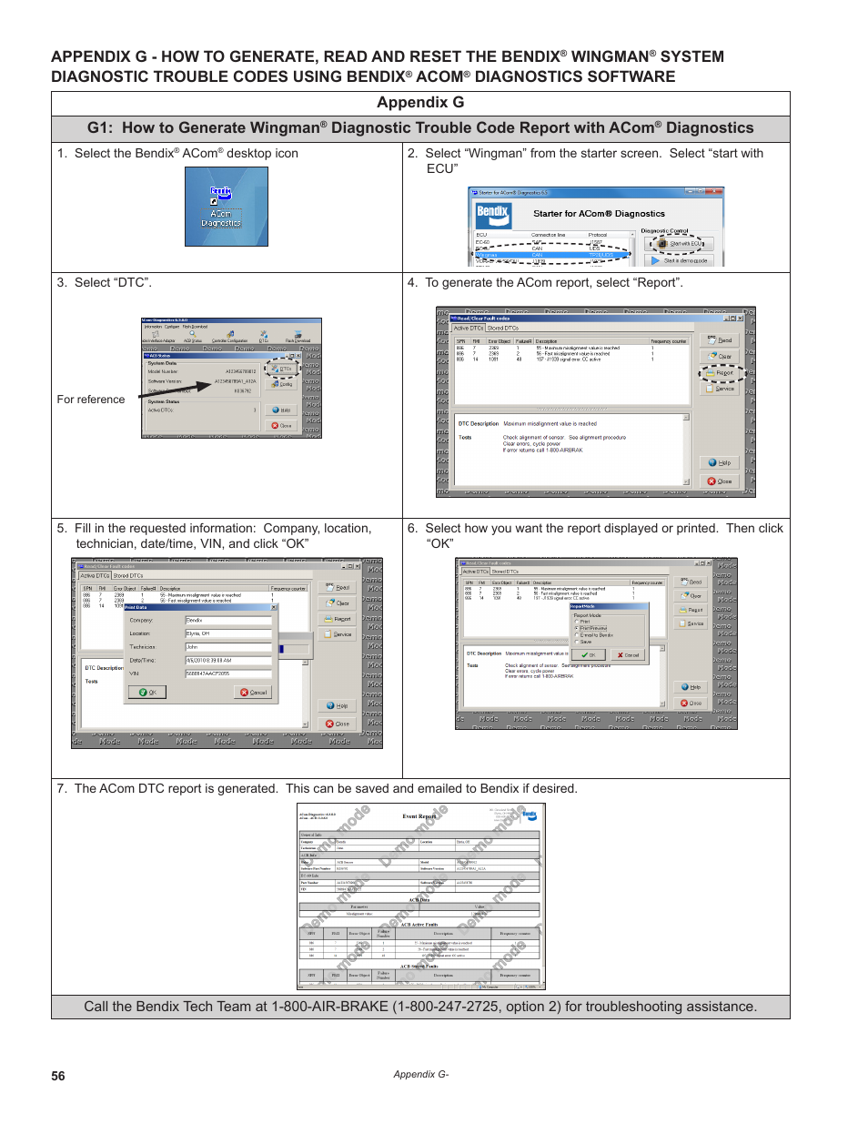 Appendix g g1: how to generate wingman, Diagnostic trouble code report with acom, Diagnostics | Wingman, System diagnostic trouble codes using bendix, Acom, Diagnostics software | Bendix Commercial Vehicle Systems WINGMAN ADVANCED FLR20 SENSOR User Manual | Page 56 / 64