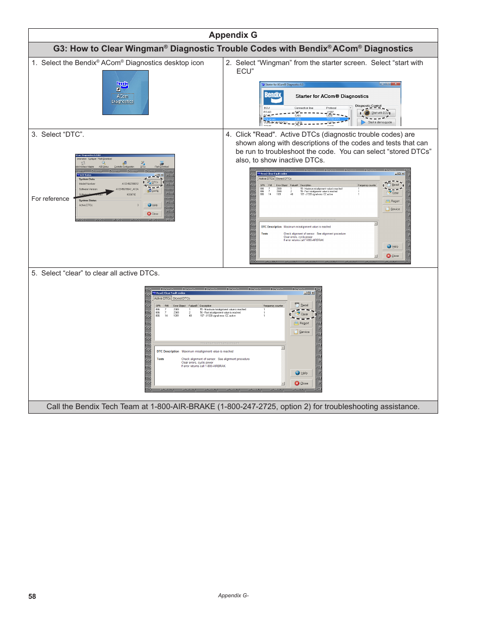 Appendix g g3: how to clear wingman, Diagnostic trouble codes with bendix, Acom | Diagnostics | Bendix Commercial Vehicle Systems WINGMAN ADVANCED FLR20 SENSOR User Manual | Page 58 / 64