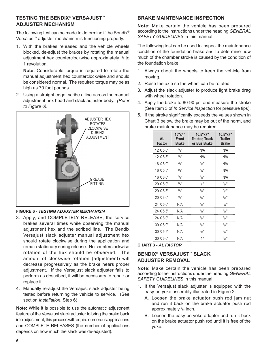 Brake maintenance inspection, Bendix, Versajust | Slack adjuster removal, Testing the bendix, Adjuster mechanism | Bendix Commercial Vehicle Systems VERSAJUST AUTOMATIC SLACK ADJUSTER User Manual | Page 6 / 8