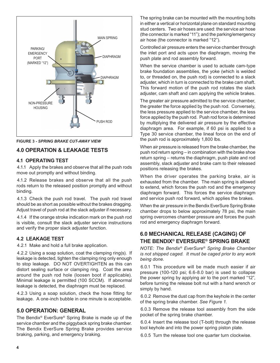 0 operation & leakage tests, 0 operation: general, 0 mechanical release (caging) of the bendix | Eversure, Spring brake | Bendix Commercial Vehicle Systems EVERSURE SPRING BRAKE User Manual | Page 4 / 8