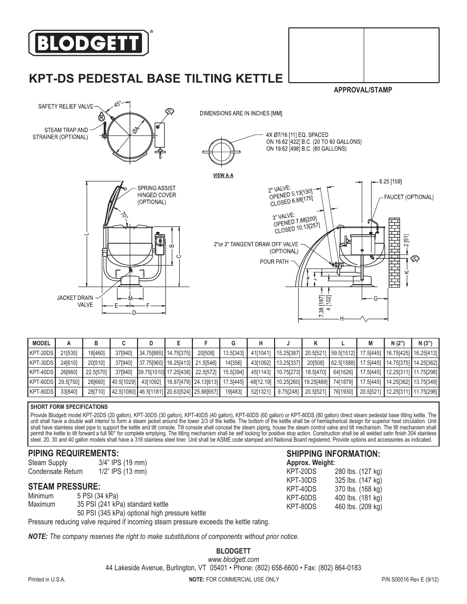 Kpt-ds pedestal base tilting kettle, Piping requirements, Steam pressure | Shipping information | Blodgett KPT-30DS User Manual | Page 2 / 2
