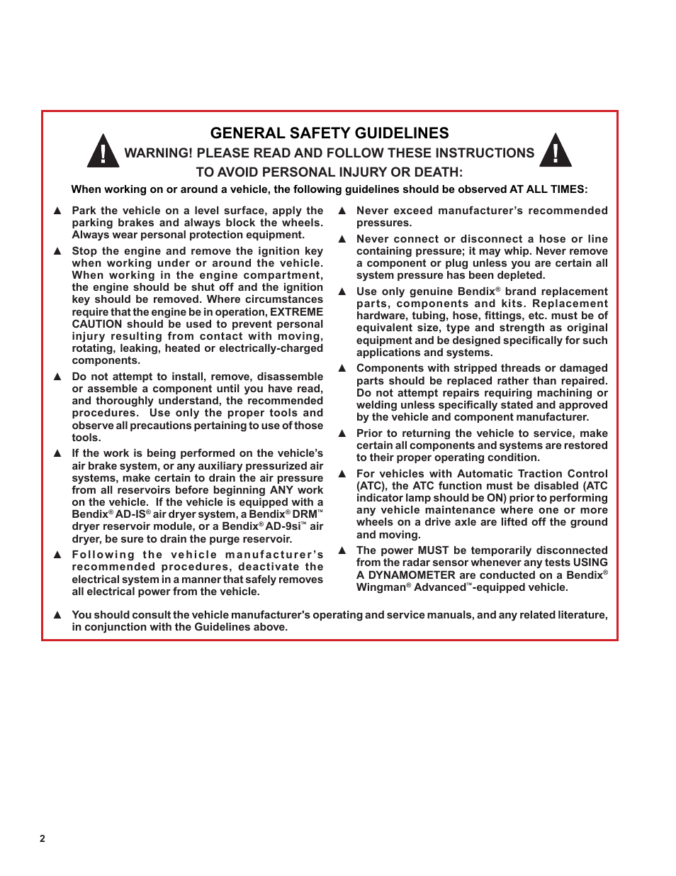 General safety guidelines | Bendix Commercial Vehicle Systems BENDIX 720CC COMPRESSOR User Manual | Page 2 / 40