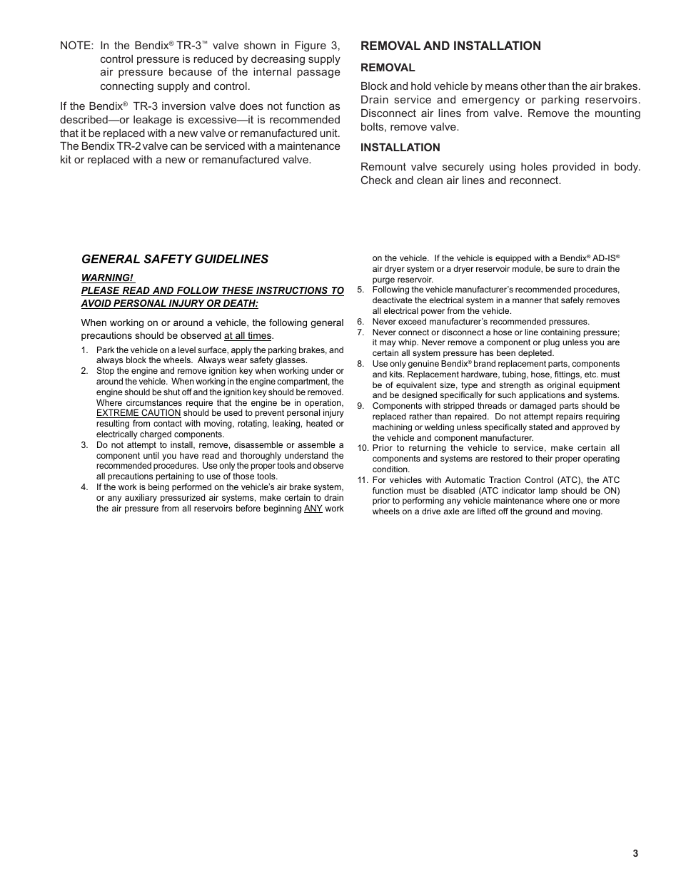 Removal and installation, General safety guidelines | Bendix Commercial Vehicle Systems TR-3 INVERSION VALVES 8/11 User Manual | Page 3 / 4