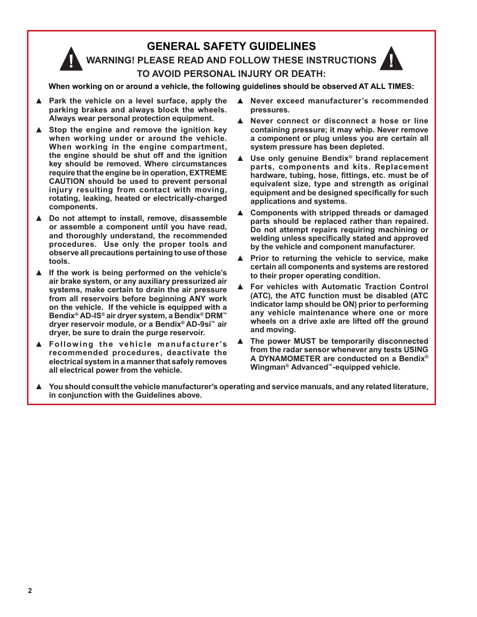 General safety guidelines | Bendix Commercial Vehicle Systems AD-SP SYSTEM PURGE AIR DRYER 10/04 User Manual | Page 2 / 30