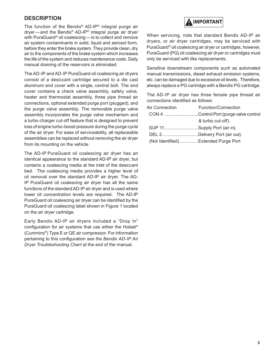 Important, Description | Bendix Commercial Vehicle Systems AD-SP SYSTEM PURGE AIR DRYER 10/04 User Manual | Page 3 / 30