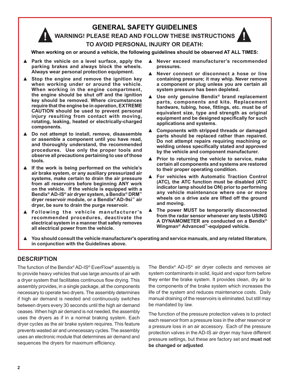 General safety guidelines, Description | Bendix Commercial Vehicle Systems AD-IS EVERFLOW User Manual | Page 2 / 12