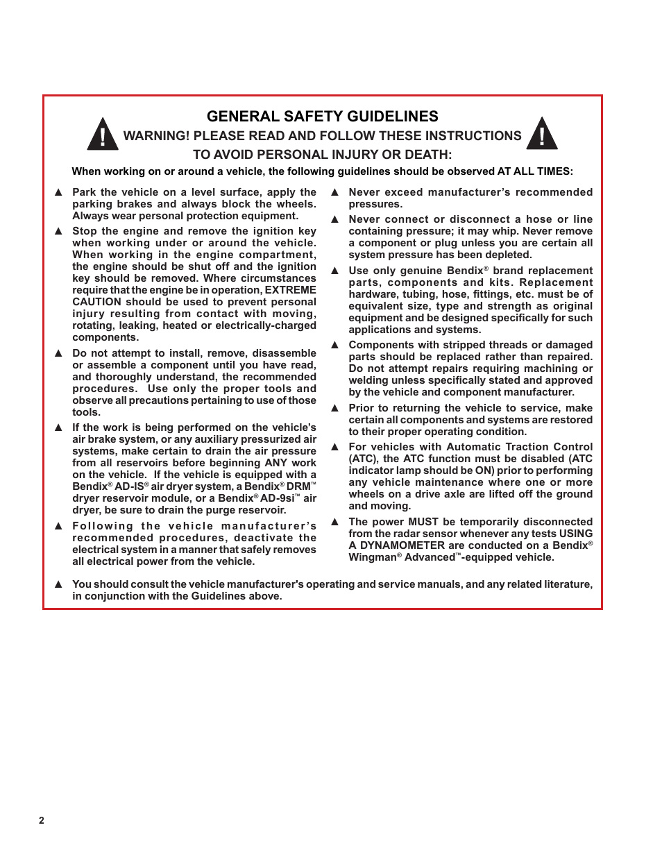 General safety guidelines | Bendix Commercial Vehicle Systems AD-IS AIR DRYER AND RESERVOIR SYSTM User Manual | Page 2 / 16