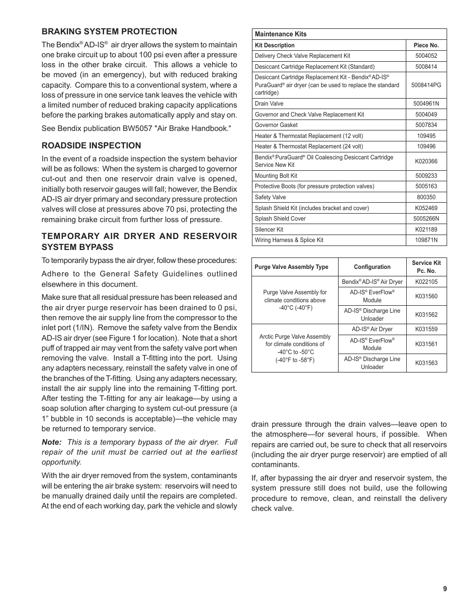 Braking system protection, Roadside inspection, Temporary air dryer and reservoir system bypass | Bendix Commercial Vehicle Systems AD-IS AIR DRYER AND RESERVOIR SYSTM User Manual | Page 9 / 16