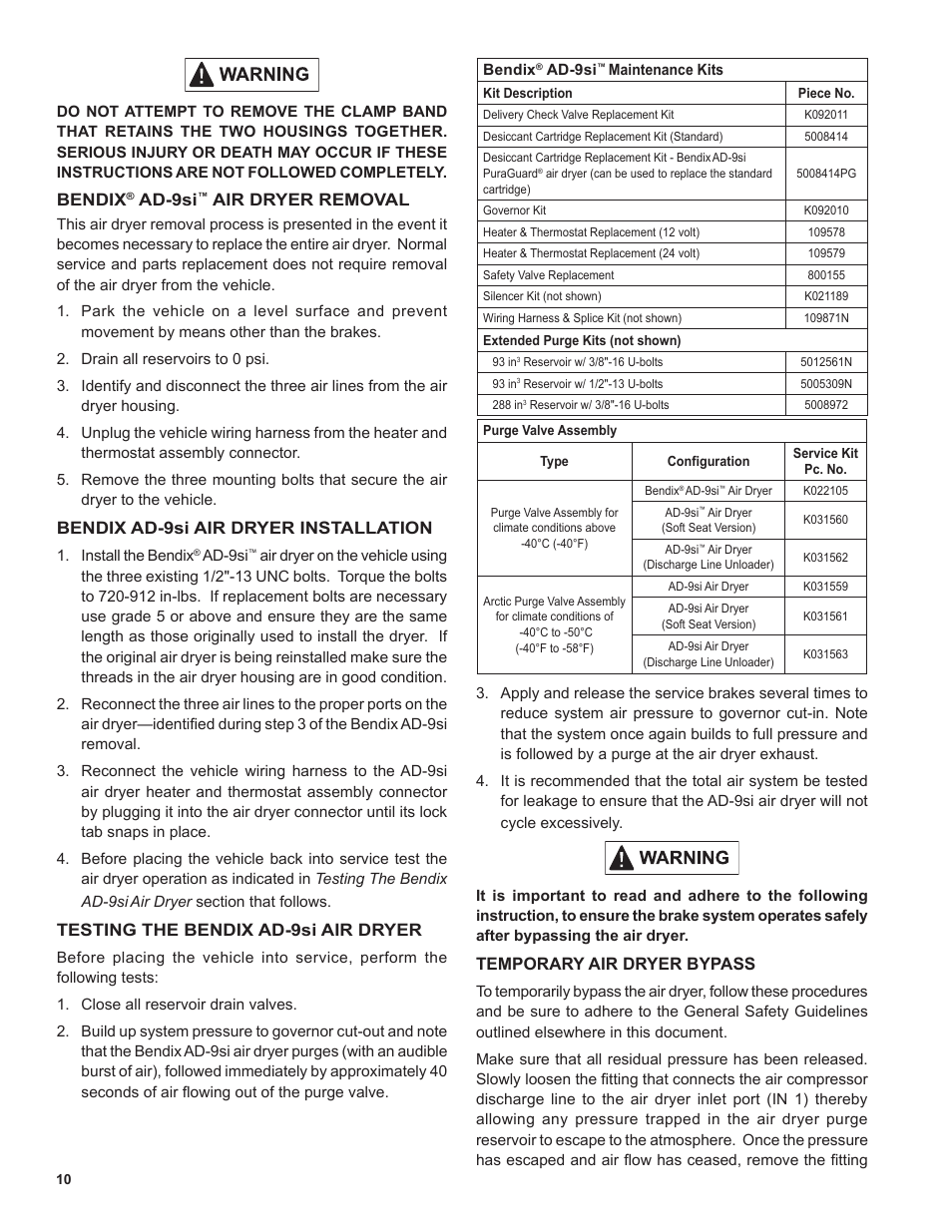 Bendix, Ad-9si, Air dryer removal | Bendix ad-9si air dryer installation, Testing the bendix ad-9si air dryer, Temporary air dryer bypass | Bendix Commercial Vehicle Systems AD-9si Oil Coalescing Air Dryer User Manual | Page 10 / 16