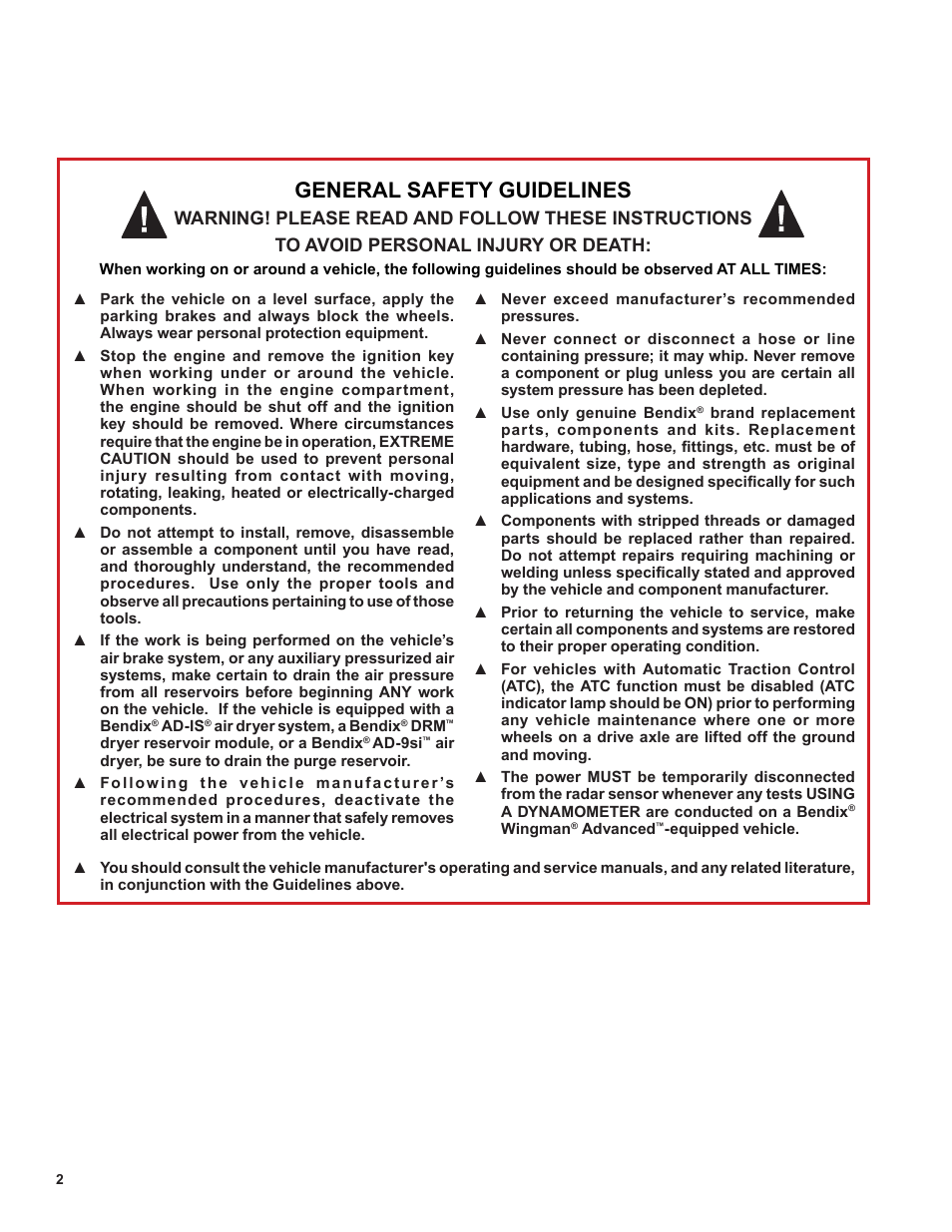 General safety guidelines | Bendix Commercial Vehicle Systems AD-9si Oil Coalescing Air Dryer User Manual | Page 2 / 16