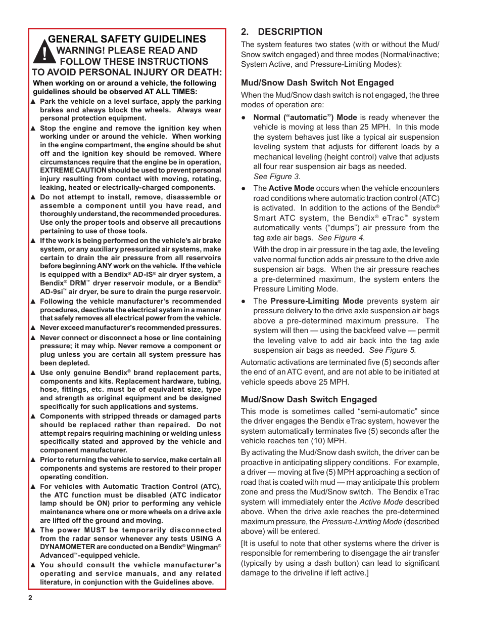 General safety guidelines, Description | Bendix Commercial Vehicle Systems eTrac Automated Air Pressure Transfer System User Manual | Page 2 / 8