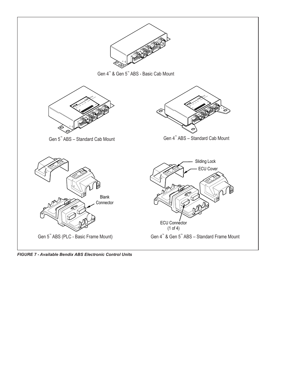 Gen 5 abs – standard cab mount, Gen 4 abs – standard cab mount, Gen 4 & gen 5 abs – standard frame mount | Gen 4 & gen 5 abs - basic cab mount, Gen 5 abs (plc - basic frame mount), Ecu cover ecu connector (1 of 4) sliding lock, Blank connector | Bendix Commercial Vehicle Systems GEN 5 ABS User Manual | Page 8 / 48
