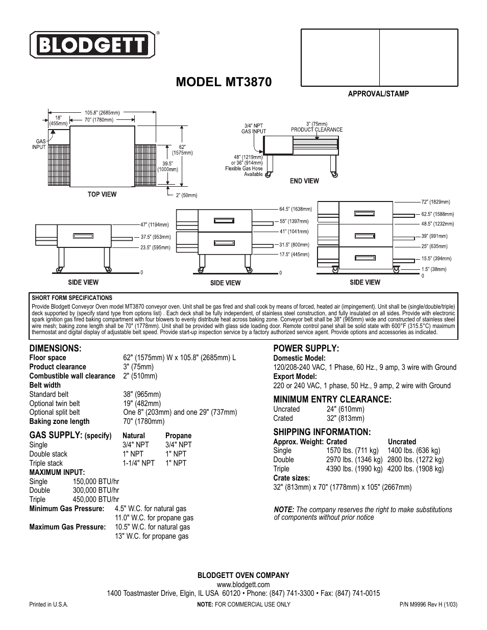 Model mt3870 | Blodgett MT3870 User Manual | Page 2 / 2