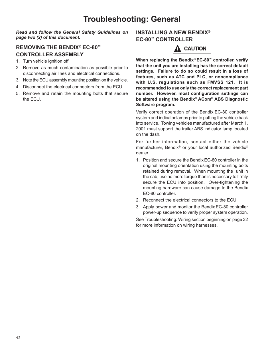 Troubleshooting: general, Removing the bendix, Ec-80 | Controller assembly, Installing a new bendix, Controller | Bendix Commercial Vehicle Systems EC-80 ABS ATC SD User Manual | Page 12 / 44