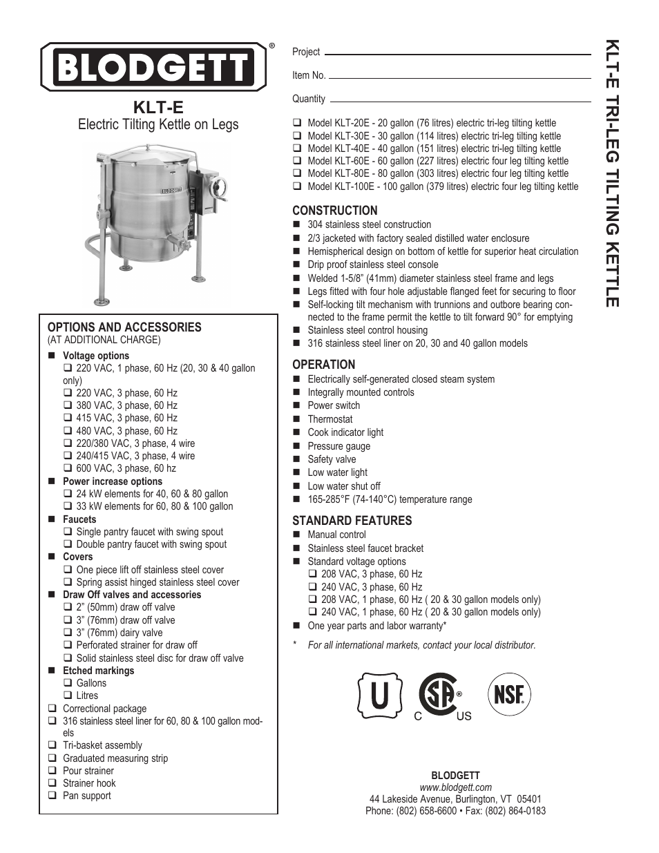 Blodgett Electric Tilting Kettle on Legs KLT-E User Manual | 2 pages