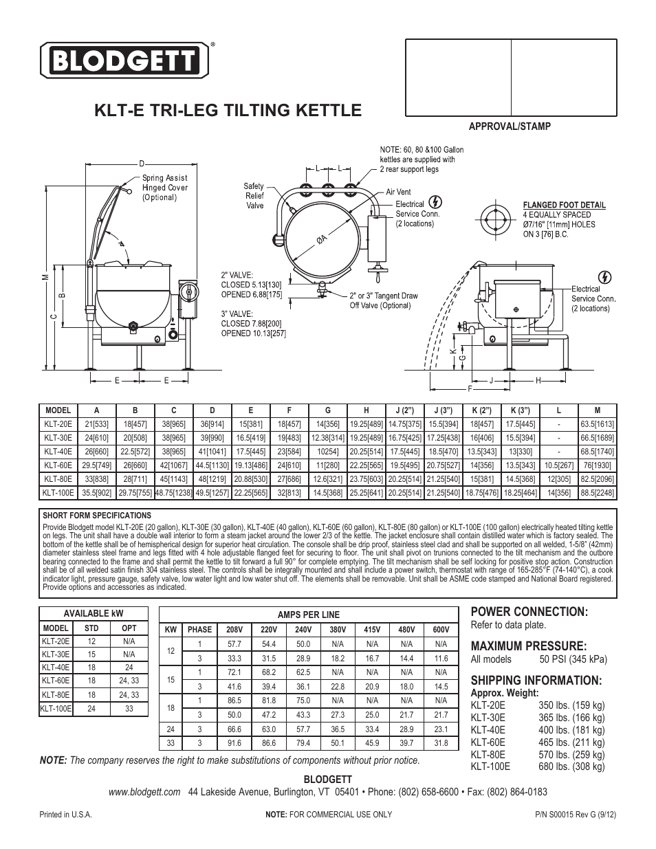 Klt-e tri-leg tilting kettle, Power connection, Maximum pressure | Shipping information | Blodgett Electric Tilting Kettle on Legs KLT-E User Manual | Page 2 / 2