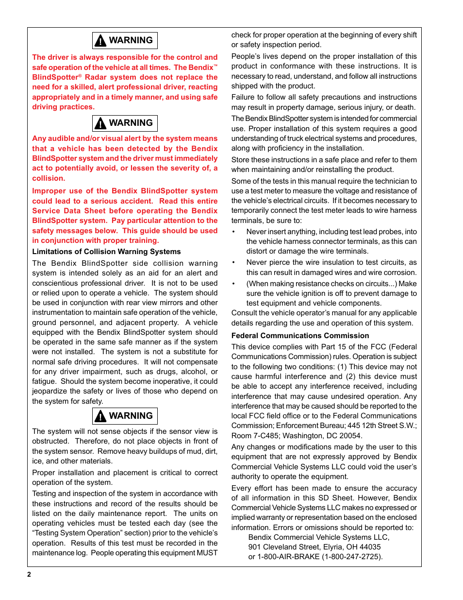 Bendix Commercial Vehicle Systems Bendix BlindSpotter SD User Manual | Page 2 / 20