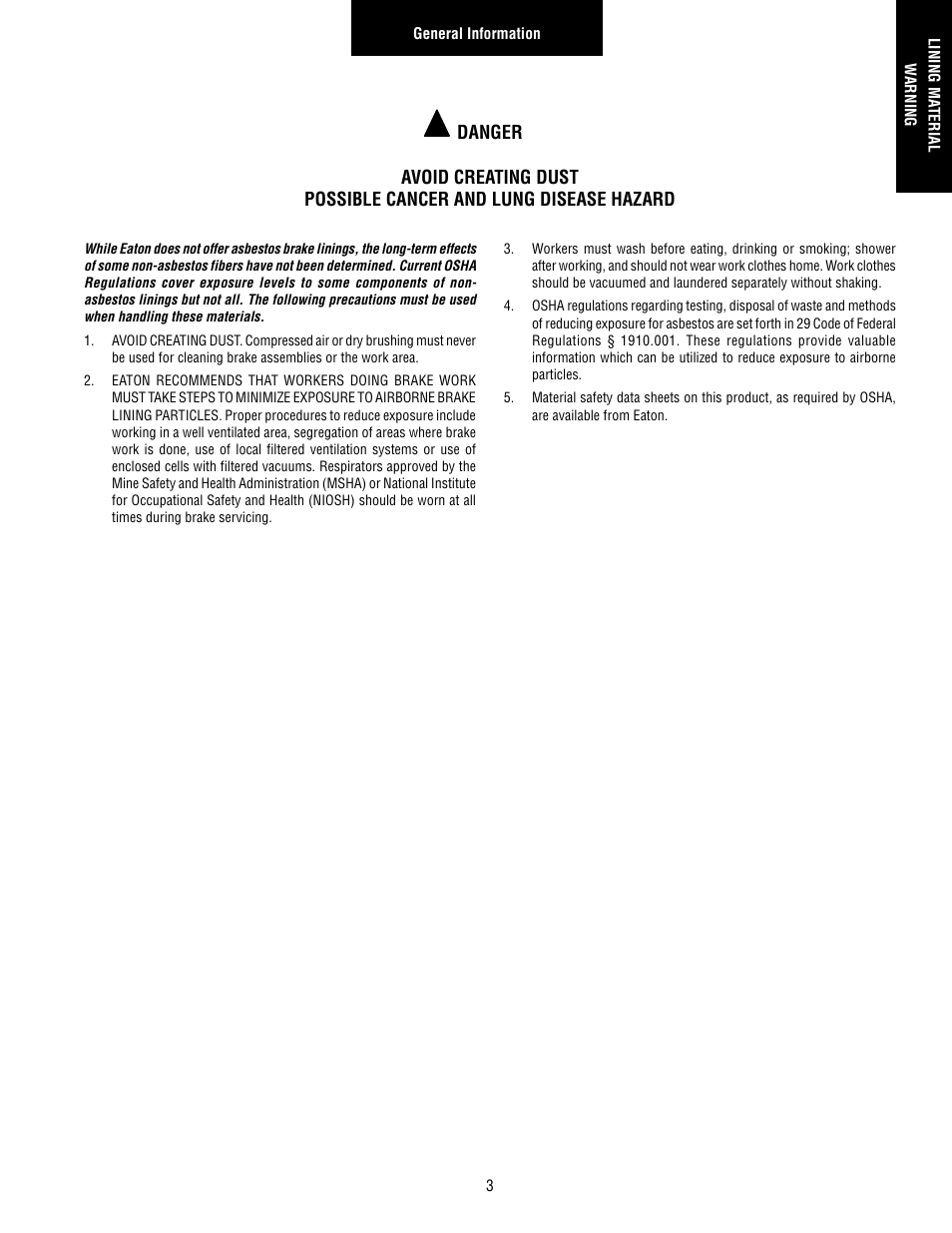 Lining material warning | Bendix Commercial Vehicle Systems BRAKE SYSTEM TROUBLESHOOTING GUIDE User Manual | Page 5 / 22