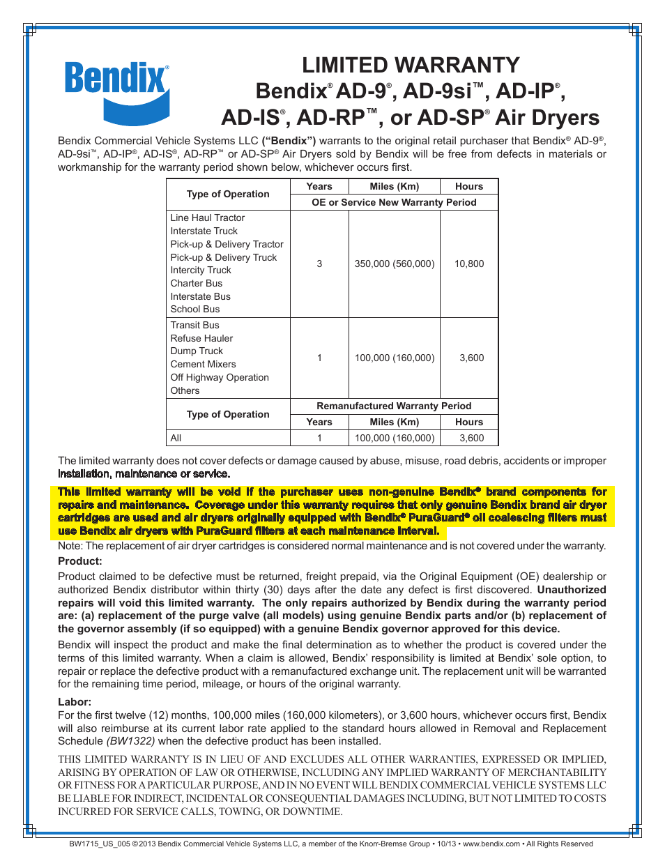 Bendix Commercial Vehicle Systems AD-IS Air Dryers User Manual | 1 page