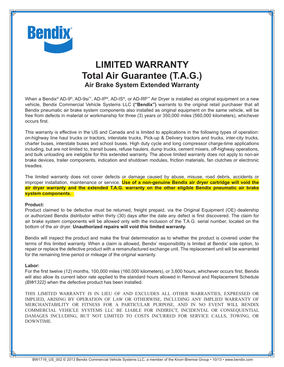 Bendix Commercial Vehicle Systems TOTAL AIR GUARANTEE TAG WARRANTY User Manual | 1 page